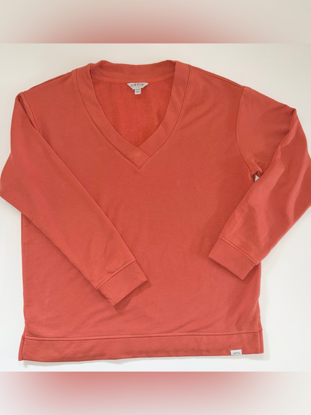 Orvis Sweatshirt Orange Pullover V-Neck Long Sleeve Soft Modal Blend Women’s M